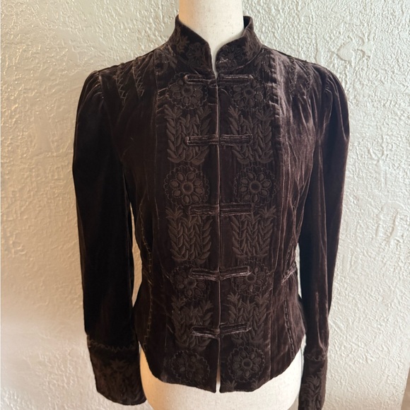 BCBGMaxAzria Chocolate Brown Embroidered Velvet Military Jacket - Picture 1 of 5